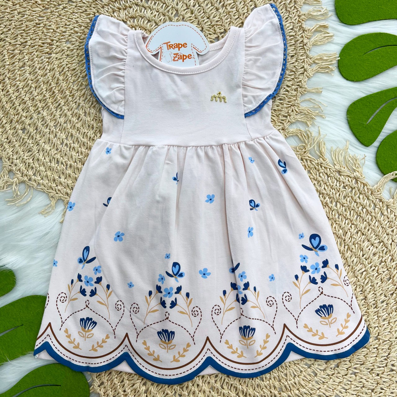 Vestido Rosa Bebê com florais Azul e Caramelo